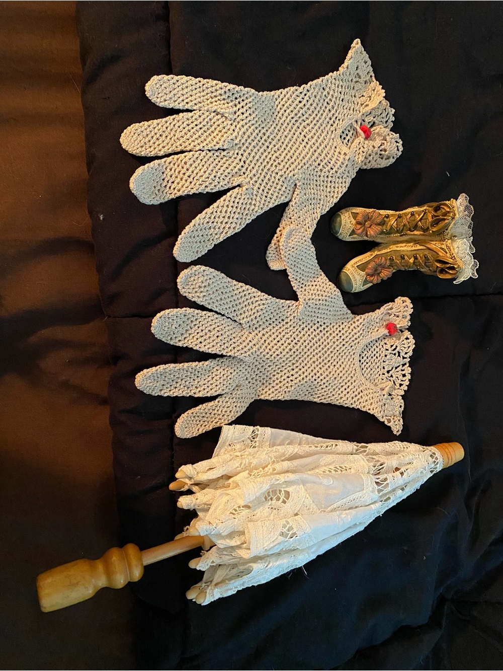 Vintage Victorian Crochet Gloves umbrella and ceramic boots